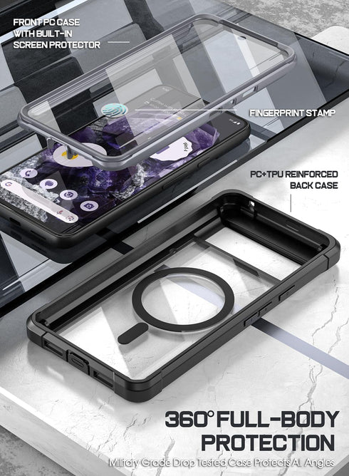 Poetic Guardian MagPro Case for Pixel 8 5G, 6.2", Full Body Shockproof Bumper, Built-in Screen Protector, Black/Clear.