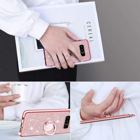 Cute Bling Glitter Phone Case for Samsung Galaxy Note 8, Shockproof 2-Layer Protective Cover with Ring Stand & Lanyard