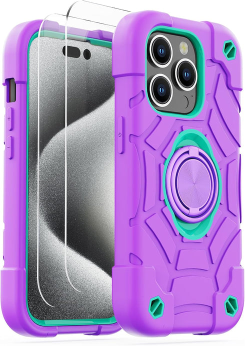 KCJ Tough Rugged Heavy Duty Case for iPhone 15 Pro (6.1") - Purple+Mint with 2× Screen Protectors & Ring Stand.