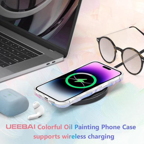 UEEBAI Colorful Retro Oil Painting Flower Case for iPhone 14 Pro Max, Cute Sparkly Floral Curly Cover (Orange Yellow)