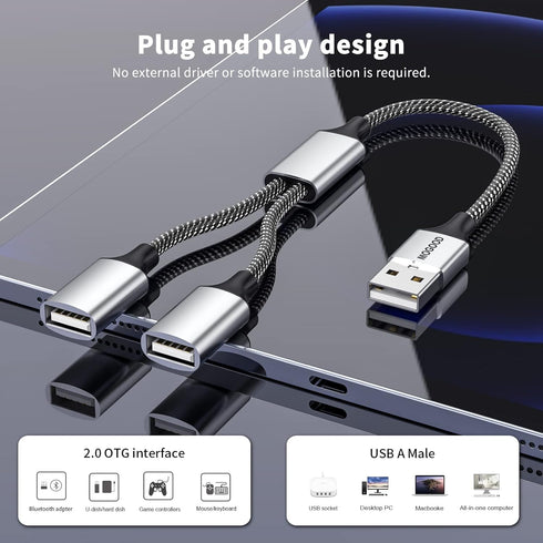 USB 2.0 Adapter, Dual USB Port Extender Hub for Laptop, Mac, Tesla Model 3 Charging and Data Transfer