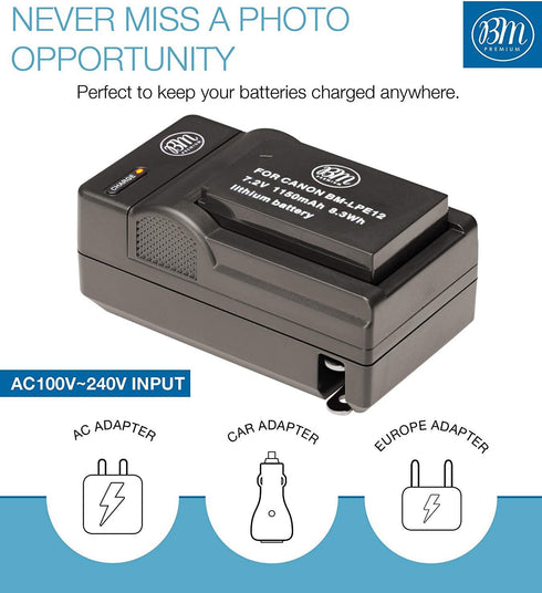 BM Premium LP-E12 Battery and Charger Kit for Canon EOS-M, EOS M2, M10, M50, M50 Mark II, M100, M200, SX70 HS