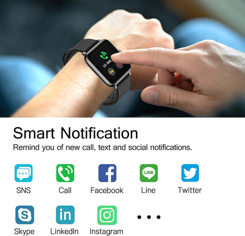 Popglory Smart Watch, Fitness Tracker with Blood Pressure/Oxygen Monitor, Full Touch for Android & iOS, Black