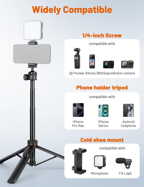 JOILCAN 64" 360 Tripod for iPhone & Camera, Selfie Stick with Ball Head Remote & Phone Holder, Extendable Portable