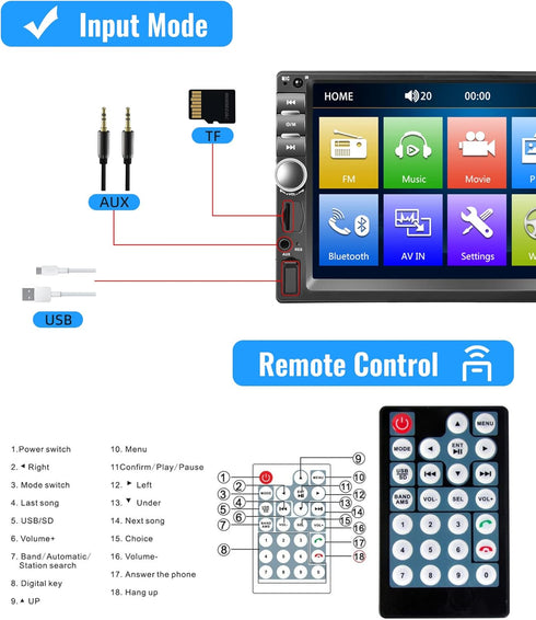 Rimoody 7 Inch Car Stereo Double Din Radio, Bluetooth Handsfree, Touch Screen, USB SD FM Multimedia with Backup Camera