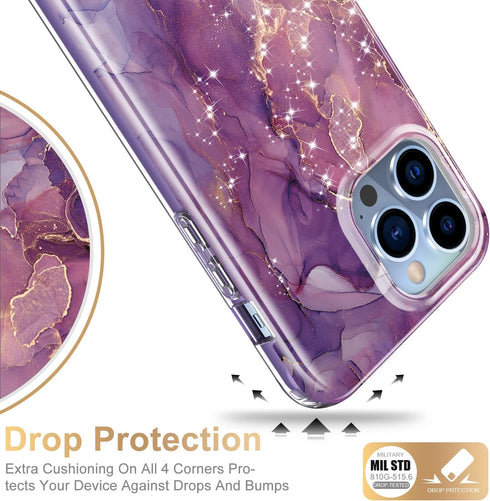 Esdot iPhone 13 Pro Case with Built-in Screen Protector, Military Grade Rugged Cover for Women, Glitter Purple Marble