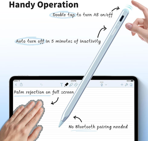 Metapen Pencil A8 for Apple iPad 2018-2024, Stylus Pen with Tilt Sensitivity, Palm Rejection, Blue