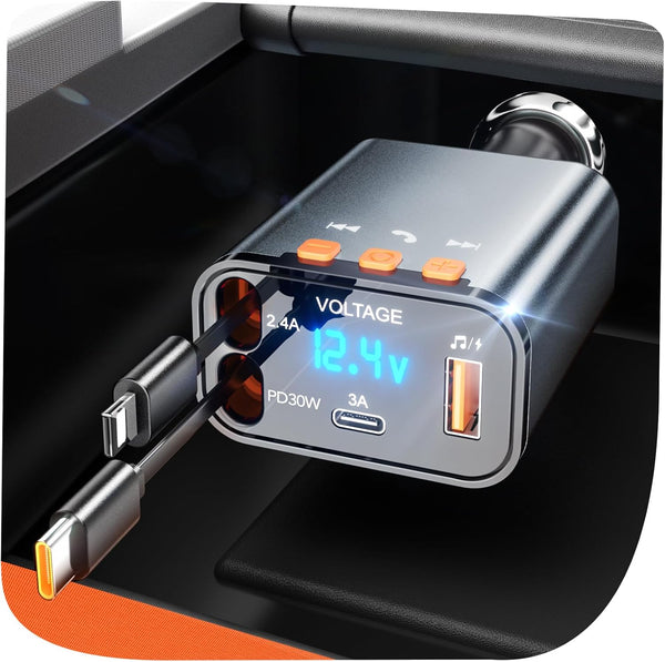 QUVFHE Retractable Car Charger,5 in 1 PD Car Phone Charger with Bluetooth 5.3
