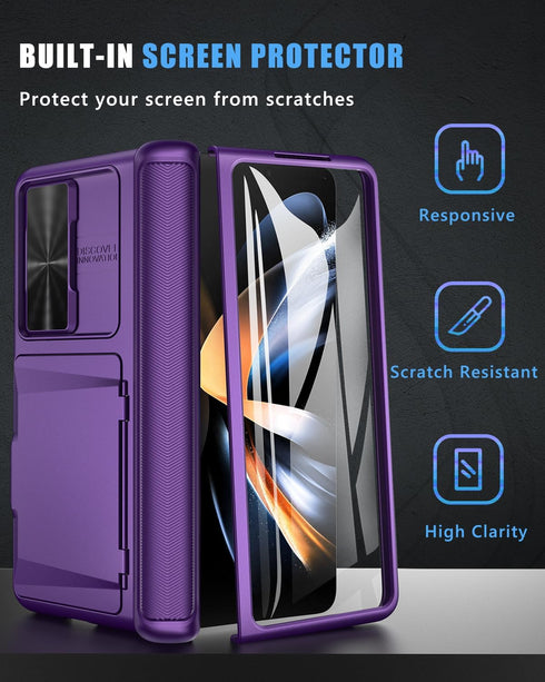 Vihibii Case for Samsung Galaxy Z Fold 4 5G with Card Holder, Sliding Camera Lens Cover, Hinge Protection, Dark Purple