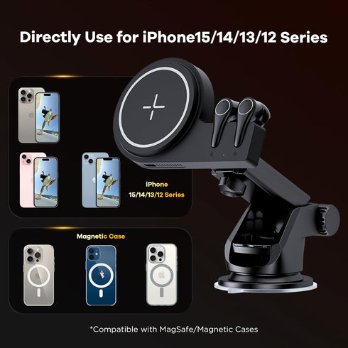 Magsafe Car Mount Charger & Bluetooth Earbud, 15W Magnetic Wireless Car Charger for iPhone 15/14/13/12 Series