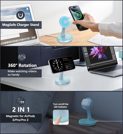 Magnetic Wireless Charger Stand 15W Fast Mag-Safe Charger for iPhone 15/14/13/12 Series with Sleep-Friendly Light for