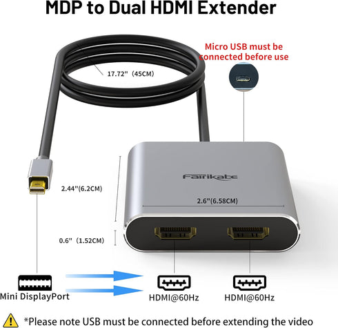 Fairikabe Mini DisplayPort to Dual HDMI Adapter, 4K@60Hz, MST, SST, for Laptop, PC, Monitor, Projector and More