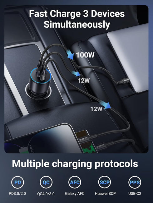 UGREEN 130W USB C Car Charger, PD 100W + PD 30W Type C Adapter, Fast Charging Compatible with iPhone 16, Galaxy S24,