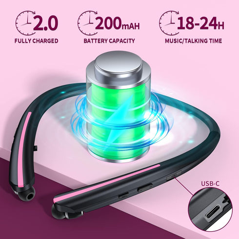 Neckband Bluetooth Headphones, Retractable Earbuds, IPX5 Sweatproof, Wireless Headset with Microphone, Noise Cancelling