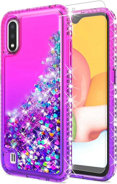 STARSHOP Compatible with Samsung Galaxy A01 Phone Case, with Tempered Glass Protector, Liquid Floating Glitter