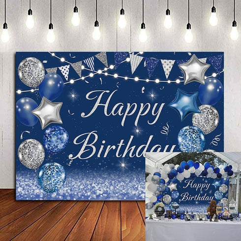 Navy Blue Happy Birthday Backdrop with Silver Glitter Balloons, Star Flag Sequins for Adult Birthday Party Decoration