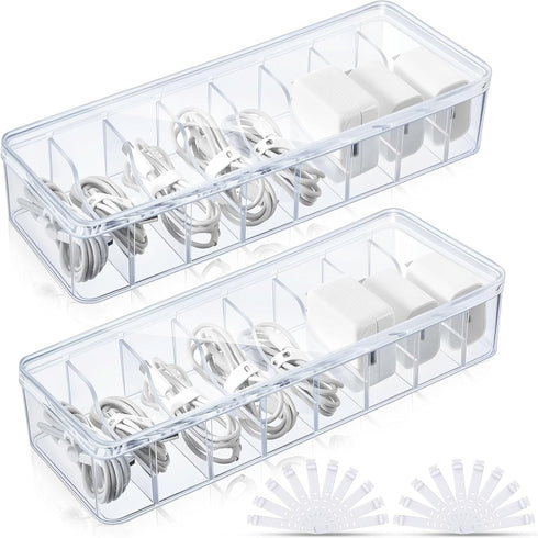 Tatuo 2 Pcs Cable Organizer Box with Lid, Plastic Cord Storage for Home Office Desk