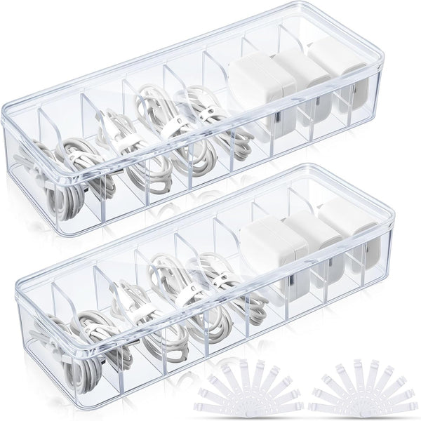 Tatuo 2 Pcs Cable Organizer Box with Lid, Plastic Cord Storage for Home Office Desk