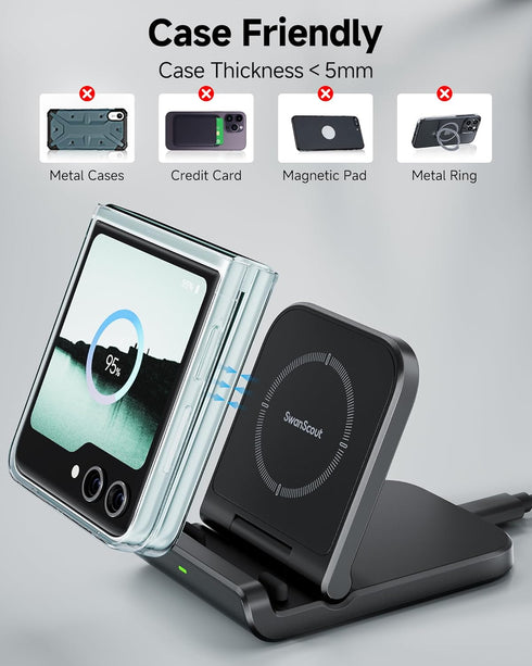 Wireless Charger for Samsung Z Flip 6, SwanScout 501S, Foldable Fast Charging Stand for Galaxy Z Flip Series