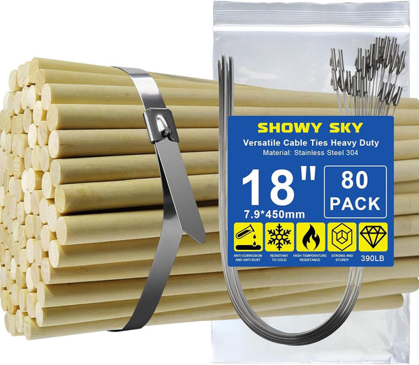 Metal Cable Zip Ties: 80Pcs Stainless Steel, 390 Lbs Heavy Duty Self-Locking Strap Ties, 18Inch for Garden