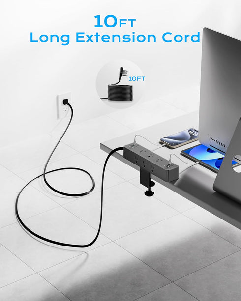 Acozvin 10FT, 24W 9 8 1.7" Flat Plug Desk Clamp Power Strip Total Charging Station, Desk Edge Mount Power Strip AC