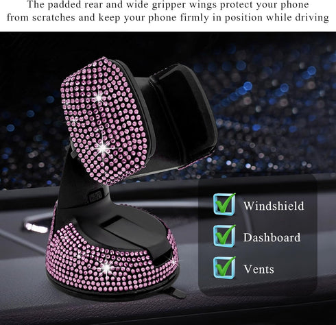 Wevdn 360 Phone Holder for Car, Rotatable Sparkling Diamond Phone Mount with Suction Cup Base, Rhinestone Phone Holder