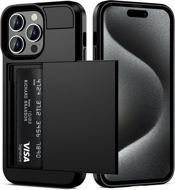 Vofolen Dual Layer Shockproof Wallet Case for iPhone 15 Pro 6.1 Inch, Black with Hidden Card Slot and Slim Hard Shell