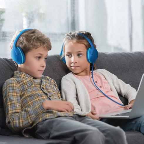 POWMEE P20 Kids Headphones for School, 94dB Volume Limited, 3.5mm Jack Wired Over-Ear for Fire Tablets/Travel/PC - Blue