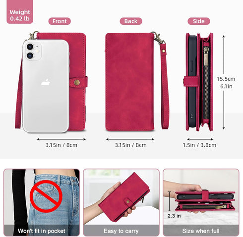 TwoHead 11 for iPhone Wallet Case with Card Holder & Detachable Magnetic Phone Case, PU Leather Wallet with Wrist Strap