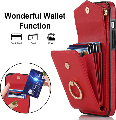 Asuwish Red Wallet Cover for iPhone 13 Pro Max 2021 6.7 inch, with Tempered Glass Screen Protector and RFID Ring Card