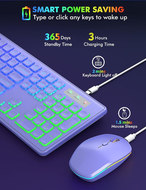 Wireless Keyboard and Mouse Combo, RGB Backlit, Rechargeable, Full-Size Ergonomic Tilt Angle, 2.4GHz Quiet Keyboard