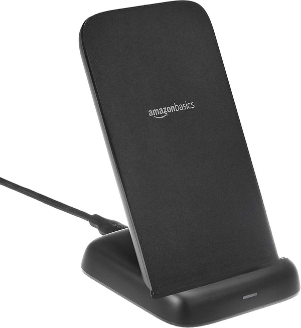 Amazon Basics 10W Qi Certified Wireless Charging Stand, Black for iPhone 15/14/13/12/11/X, Samsung, USB Cable