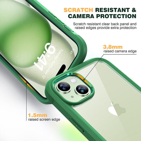 Diaclara Rugged Case for iPhone 15, Built-in Touch Sensitive Anti-Scratch Screen Protector - Green