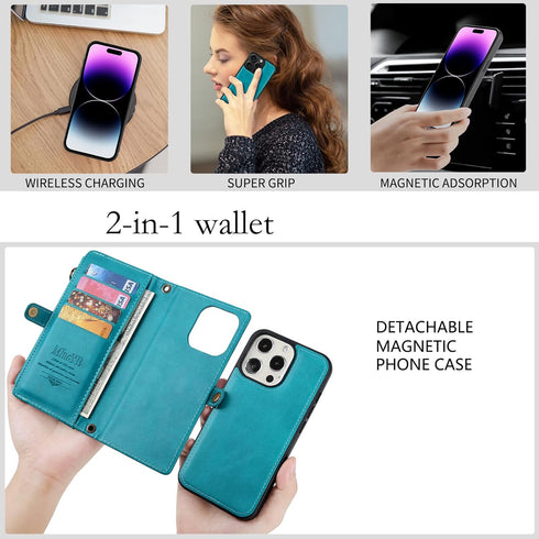 MInCYB iPhone 13 Wallet Case with Card Holder (12 Card Slots), PU Leather, Wireless Charging, Shockproof, Blue