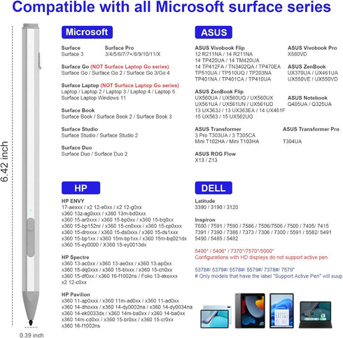 Surface Pen Stylus for Microsoft Surface Pro 11/10/X/9/8/7/7+/6/5/4/3, Palm Rejection, 4096 Pressure, Magnetic,