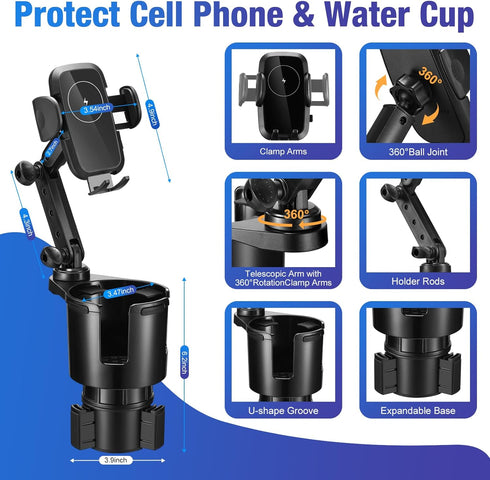This Hill 3-in-1 Car Wireless Charger Cup Holder, 15W Charging, Adjustable Base & 360° Rotation for Smartphones