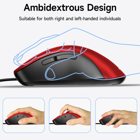 memzuoix Wired Mouse - Pomegranate Red USB Computer Mouse, 1200 DPI, Ergonomic Design, 5 Buttons, 5FT Cord