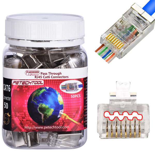 PETECHTOOL 50 Pieces Gold Plated RJ45 23AWG Cat6a Cat6 Pass Through Shield Plug