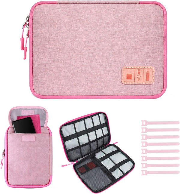 Cable Organizer Bag, Pink Travel Accessories Carry Case for Cable, Charger, Phone, USB, SD Card with Ties