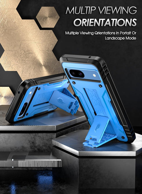Poetic Revolution Case for Google Pixel 8A 5G, Blue, Full Body Rugged, 20FT Drop Tested, Kickstand, Built-in Screen
