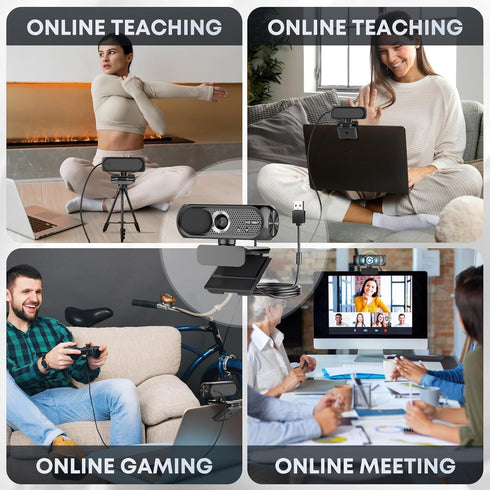Shcngqio 2K Webcam with Microphone, Privacy Cover, Wide-Angle Lens, Auto Light Correction, Plug & Play USB Webcam