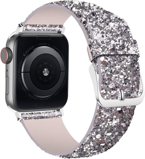 iiteeology Compatible with Apple Watch Band 46mm 45mm 44mm 42mm, Glitter Shiny Bling Leather Band for iWatch Series