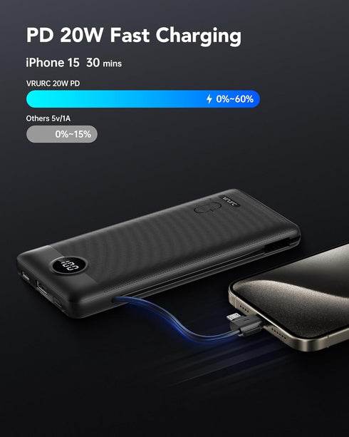 VRURC Portable Charger with Wall Plug, 10000mAh Slim Power Bank with Built-in Cables, PD 20W Fast Charging
