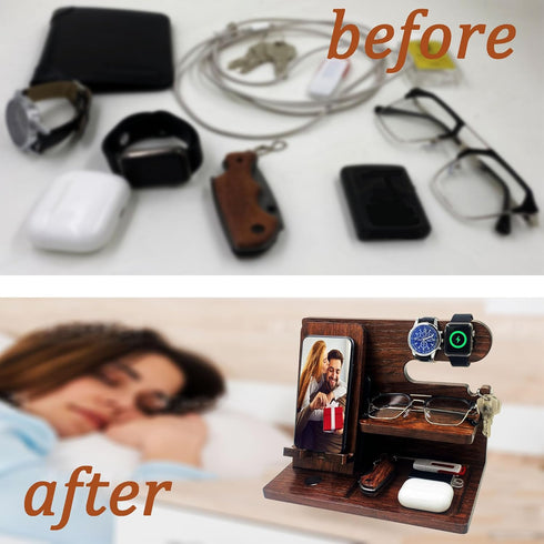 VEIYAILU Gifts for Men Boyfriend Him Brother Nightstand Organizer Gifts for Dad from Daughter Son Wood Phone Docking