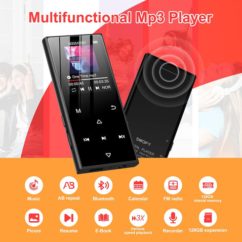 SWOFY 128GB MP3 5.3 D50 Player with Bluetooth - Music Player with Built-in HD Speaker, FM Radio, Voice Recorder, HiFi