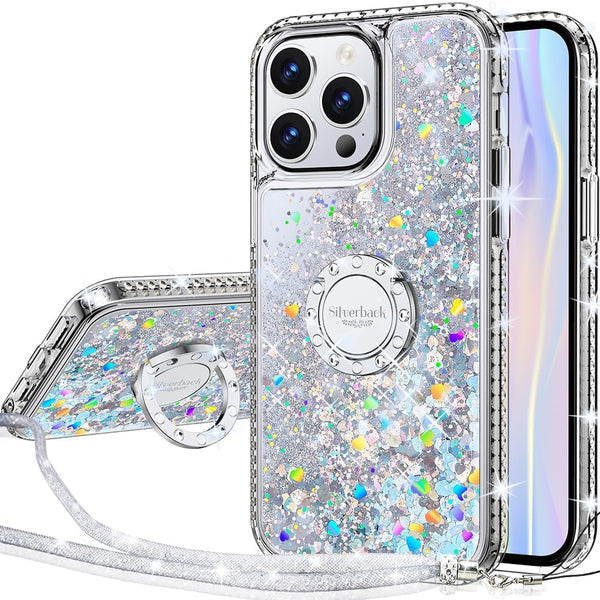Silverback iPhone 12 Pro Max Case, Moving Liquid Holographic Glitter with Kickstand, Clear Silver