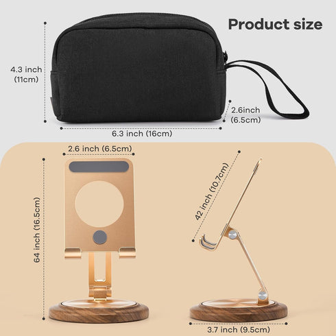 Dual Folding Desk Phone Stand, Adjustable Cell Phone Holder, Travel Case for Electronics Organizer, Black+Gold