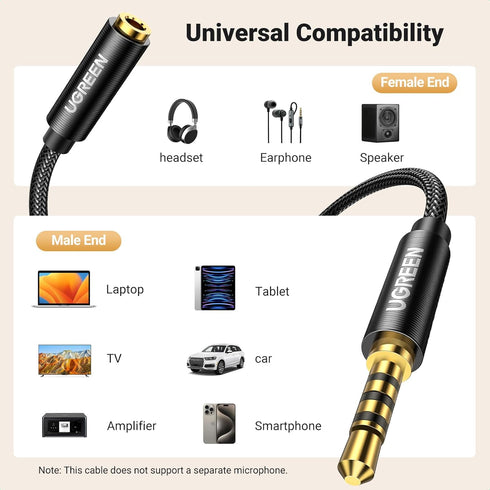 UGREEN Headphone Extension Cable - 4 Pole TRRS 3.5mm Male to Female Stereo Audio Cable, Gold Plated, 3.3FT