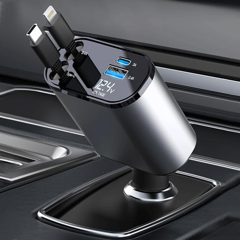 Retractable Car Charger, 4 in 1 Fast Charge Adapter 100W, Retractable Cables for iPhone & Type-C