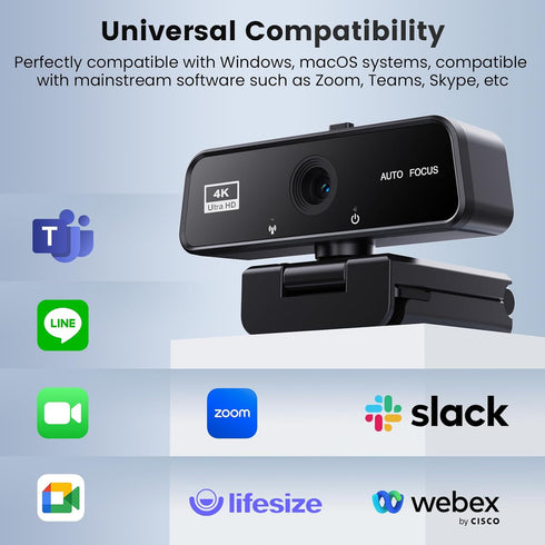 cbeyook 4K 90 Basic Autofocus Webcam, Wide Angle Computer Camera with Adjustable Monitor Clip, Built-in Mic & Plug